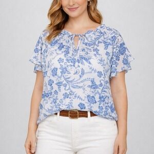 Haver + Blair London Blue Floral Toile Swiss Dot Flutter Sleeve Blouse 1X